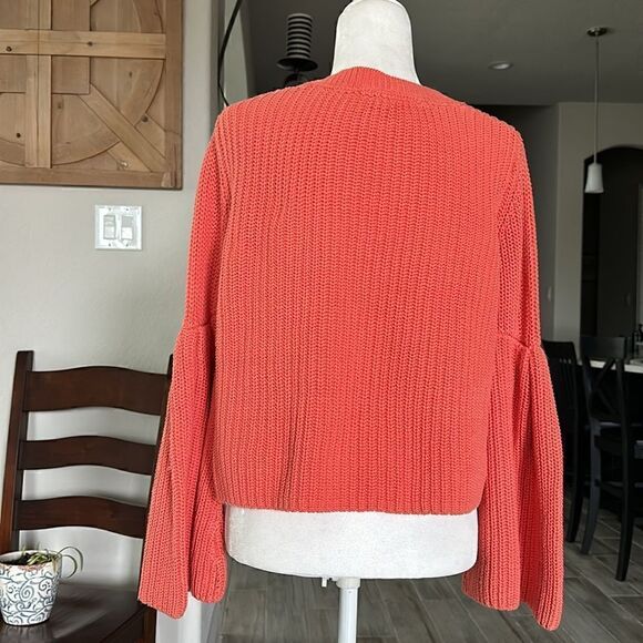 Free People Damsel Sweater Coral V Neck Bell Sleeves Cotton Ribbed Chunky Knit - Picture 8 of 12